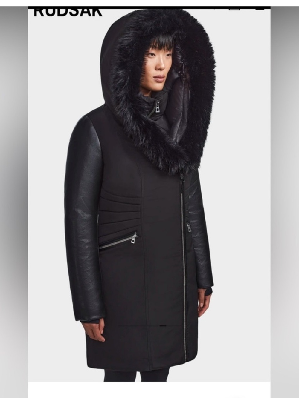 NWT RUDSAK Misa Women's Black Down Puffer Coat with Faux Fur Hood SZ M